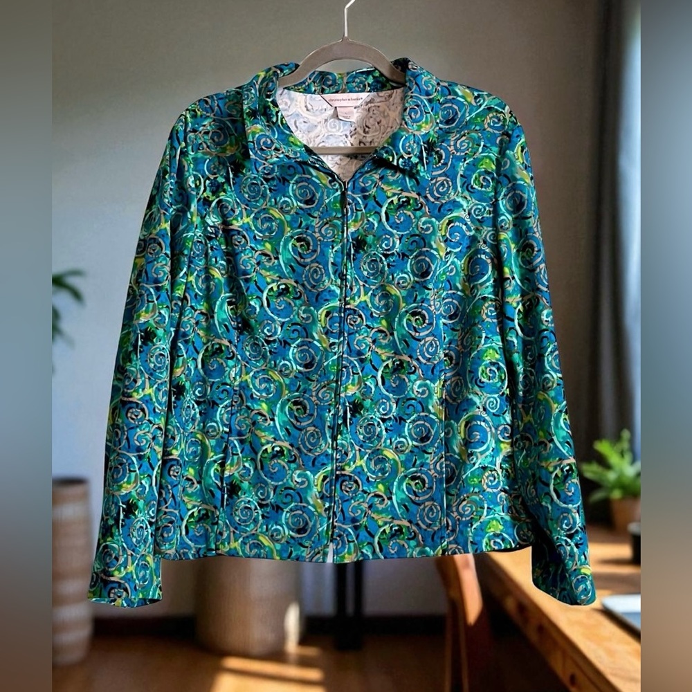 Christopher & Banks-Jacket-Full Zip-Blue Green Teal Swirl-Pockets. Size Large